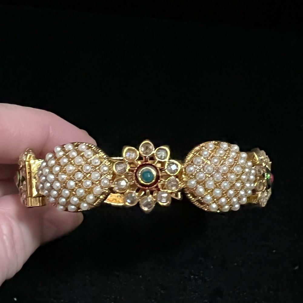 Polki Bracelet Gold tone with Red Green & Clear Stones & Small Pearls. Beautiful